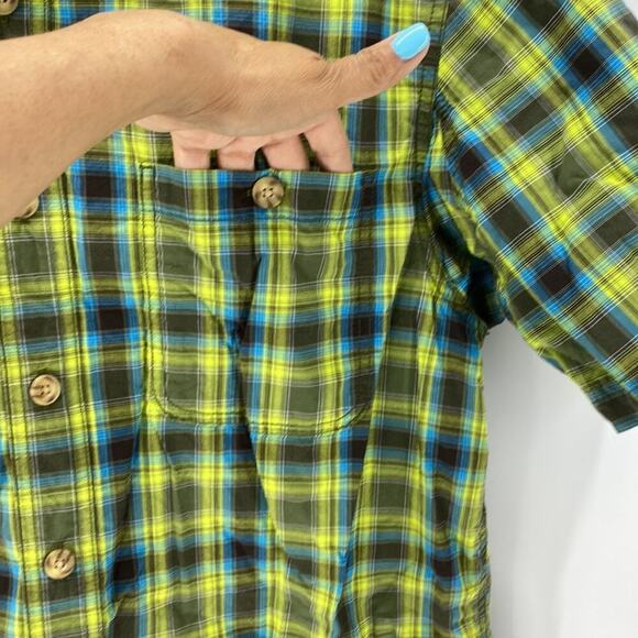 Duluth Trading Relaxed Fit Button Down short sleeve bright green plaid outdoor - Picture 2 of 7
